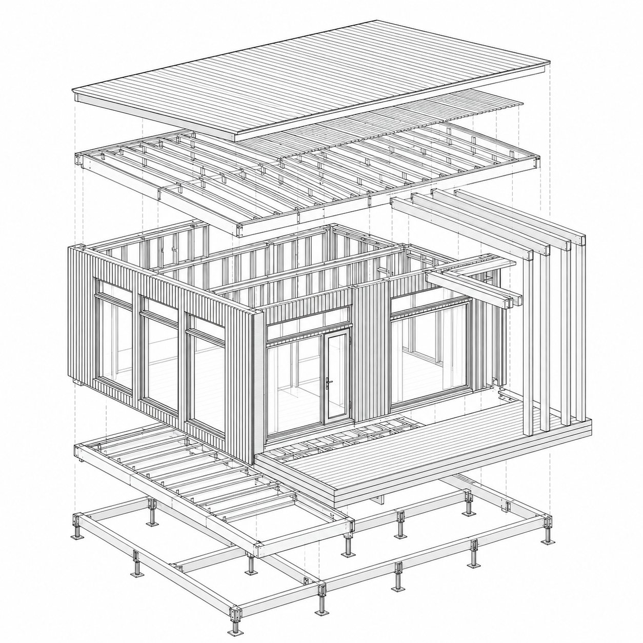Exploded timber frame drawing of a small house
